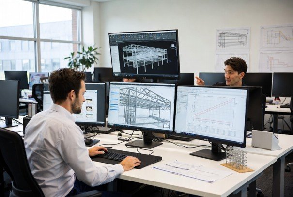Deux ingénieurs d’un bureau d’études structure analysant des plans de construction